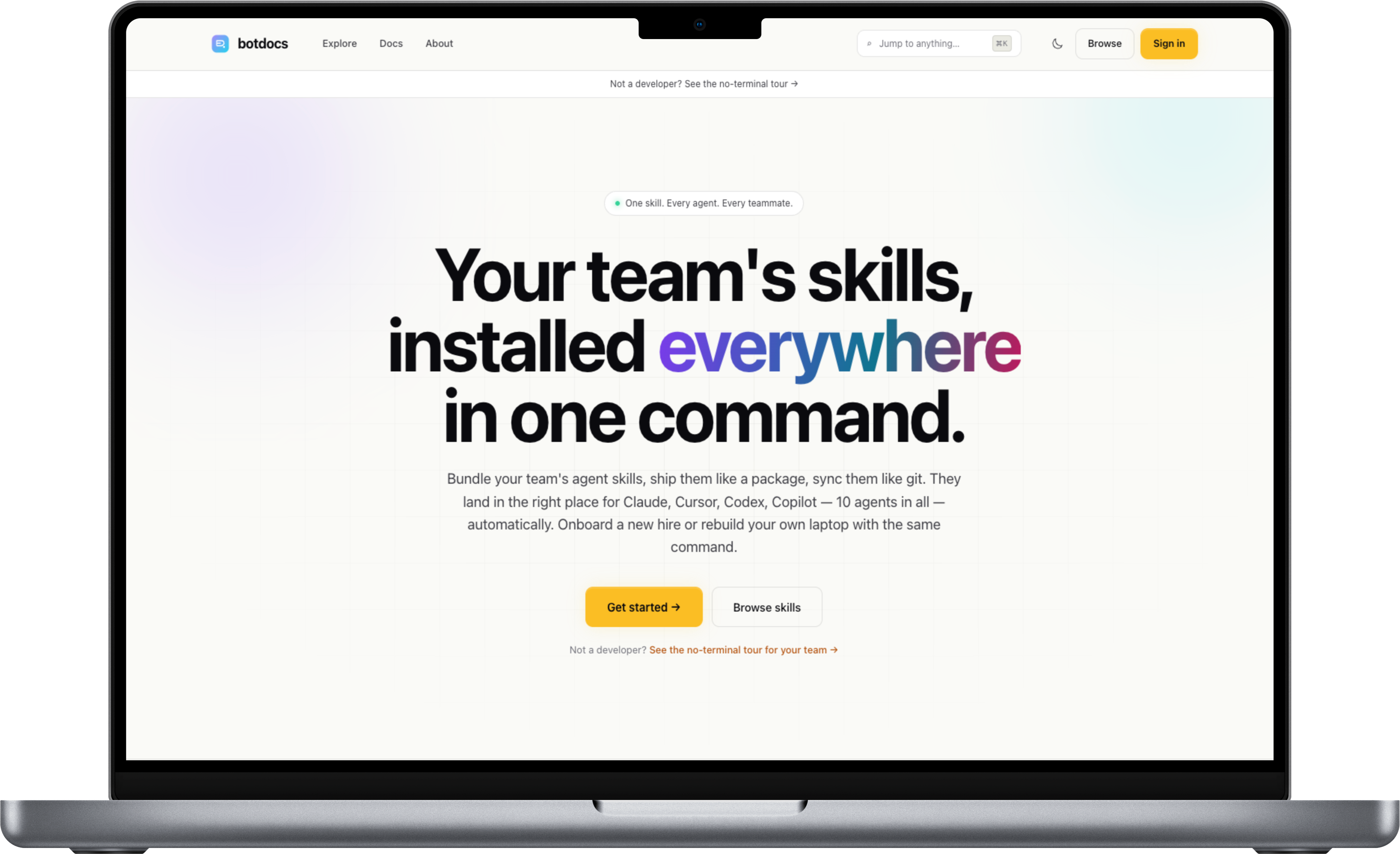 Botdocs homepage — your team's skills, installed everywhere in one command